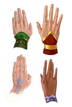 four different types of hands with tattoos on their palms and wrist, one wearing a green hat