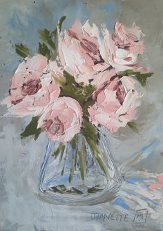 a painting of pink roses in a clear glass vase on a gray and blue background