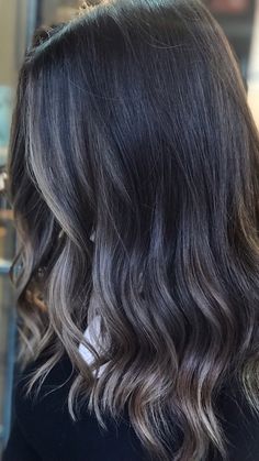 Dark Ash Brown Hair Color With Highlights, Dark Hair With Peak A Boo Highlights, Black Hair Ash Highlights, Black Hair With Cool Toned Highlights, Highlights Brunette Hair, Smokey Balayage, Ash Highlights On Black Hair, Highlighted Black Hair, Dark Hair Ash Highlights