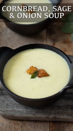 cornbread sage and onion soup in a cast iron skillet