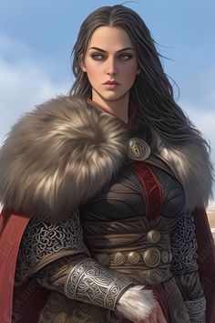 a woman with long hair wearing armor and fur