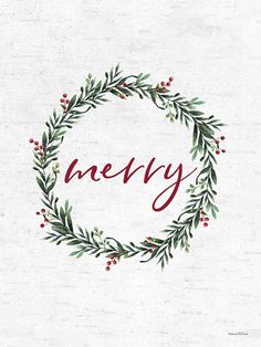 a christmas wreath with the word merry written in red ink on white paper greeting card