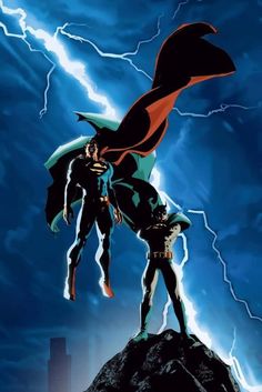 batman and robin wayne standing on top of a rock in the middle of a lightning storm