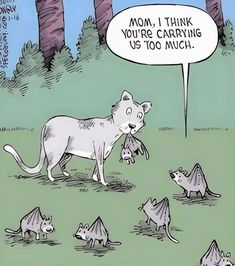 an image of a cartoon cat with many other cats in the grass and one is saying mom, i think you're carrying us too much