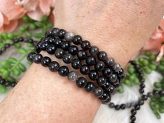 Silver-Obsidian-Bracelet-for-Sale Spiritual Silver Obsidian Bracelet, Silver Obsidian Bracelets With Natural Stones, Silver Obsidian Bracelet, Silver Sheen Obsidian, Silver Obsidian, Obsidian Bracelet, Sheen Obsidian, Psychic Protection, Crystal Beads Bracelet