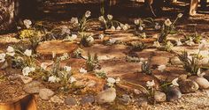 flowers and rocks arranged in the shape of a circle on top of a dirt ground