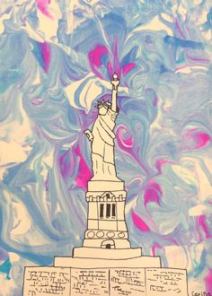 a drawing of the statue of liberty on top of a building with pink and blue swirls