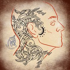 a drawing of a man's head with tattoos on it