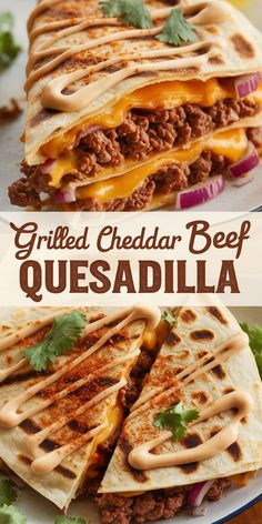 grilled cheddar beef quesadilla on a plate with the title