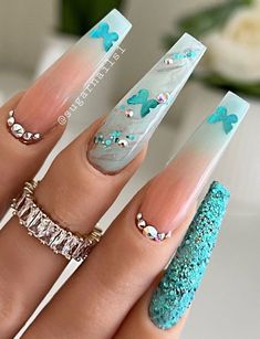 Acrylic Nail Ideas, Nail Salon Supplies, Flowers Glitter, Sugar Nails, Fake Nails Designs, Blue Acrylic Nails, Nails Design With Rhinestones, Cute Acrylic Nail Designs, Long Acrylic Nails Coffin