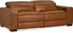 a brown leather reclining sofa with black legs and arm rests on an isolated white background