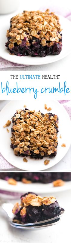 blueberry crumble on a white plate with a fork