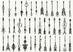 an assortment of arrows drawn in black ink on white paper, each with different shapes and sizes