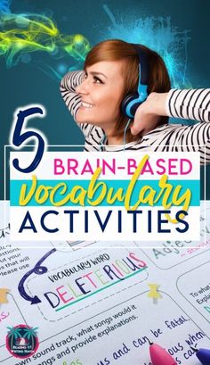 a woman with headphones on and the words brain - based vocably activities