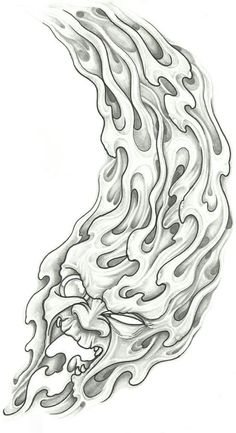 a black and white drawing of a dragon head with flames coming out of it's mouth