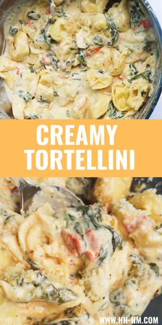 creamy tortellini with spinach and cheese in a skillet