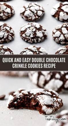 chocolate crinkle cookies with powdered sugar on top and text overlay that reads quick and easy double chocolate crinkle cookies recipe