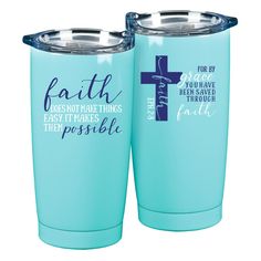 two blue tumblers with the words faith on them