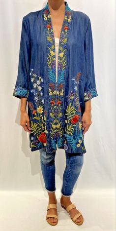 Johnny Was Authentic and brand new collection Johnny Was Kimono Long Provence Coat Denim Blue Embroidery Jacket Small S NEW Also comes in Sizes - S, M, L, XL Our one-of-a-kind Provence Kimono Coat takes Bohemian artistry to a new level with its elegant embroidery, luxe fabrics and opulent design. This piece is sure to make a statement whether you’re hosting an outdoor dinner party or heading to your favorite restaurant for an elegant dinner. Pair this stunning piece with tapered trousers, leathe Indigo Fashion, Outdoor Dinner Party, Embroidery Jacket, Shabby Chic Clothes, Bohemian Style Clothing, Embroidered Kimono, Boho Denim, Kimono Coat, Outdoor Dinner