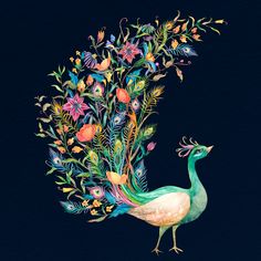 a painting of a peacock with flowers and leaves