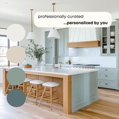 a kitchen with blue cabinets and white counter tops, two stools in front of the island