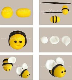 four different pictures of the same yellow and black bee, one with its head turned upside down