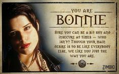 a woman wearing a leather jacket and necklace next to a sign that says, you are bonnie