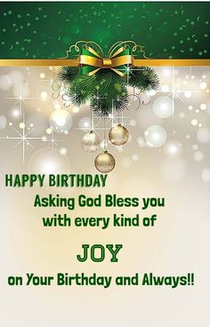 a happy birthday card with an ornament and baubles on the background