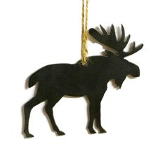 a moose ornament hanging from a rope