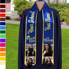 a blue graduation gown with two pictures on it