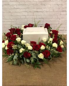 Rose Cremation Wreath Cremation Box Flower Arrangements, Cremation Wreath, Grave Arrangements, Memorial Wreath, Red Rose Arrangements, Farmgirl Flowers, Cremation Boxes, White Spray Roses