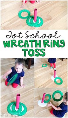 a collage of photos showing how to make a ring tosser for a toddler