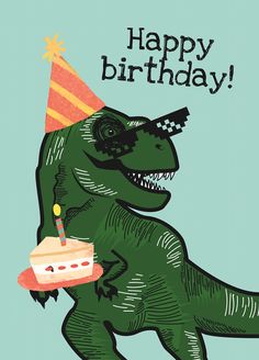 a dinosaur holding a birthday cake with the words happy birthday on it's face