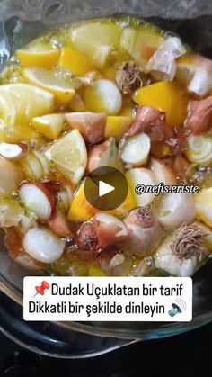 the video shows how to cook food with onions and lemons in a pan on the stove