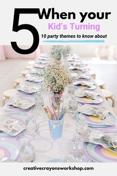 the table is set up with colorful plates and place settings for five kids's turning