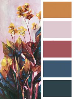 a painting of yellow flowers in front of a pink and blue background with color swatches