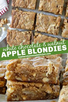 white chocolate and walnut apple blondies stacked on top of each other with the title above it