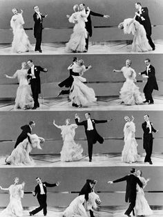 an old photo of people dancing in formal dress