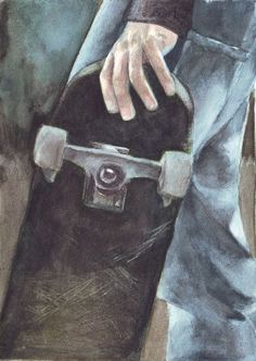 a drawing of a person holding a skateboard