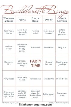 the bachelor party game is shown in red and white, with words that read bachelor bridal