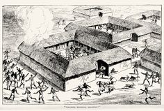 an old black and white drawing of people in front of a house with thatched roof