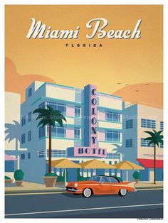 an orange car driving down the street in front of a building with palm trees and umbrellas