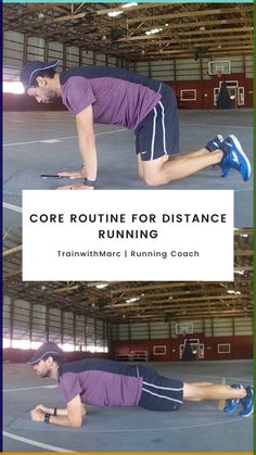 a man in purple shirt and blue shorts doing a plank exercise with the words core routine for distance running