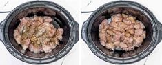 two pictures of the inside of an electric pressure cooker with meat and spices in it