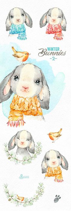 watercolor painting of rabbits and birds with the words winter bunnies written below them