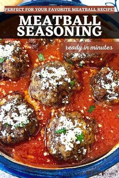 meatballs in tomato sauce with parmesan cheese on top and text overlay