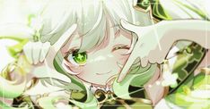 an anime character with green eyes and white hair