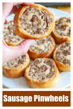 sausage pinwheels on a white plate with text overlay