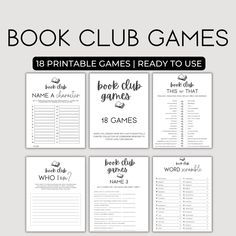 the book club games printable game is shown in black and white, with text that reads