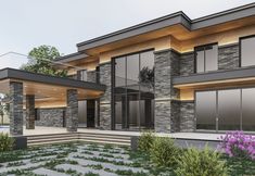 a rendering of a modern house with stone and wood accents